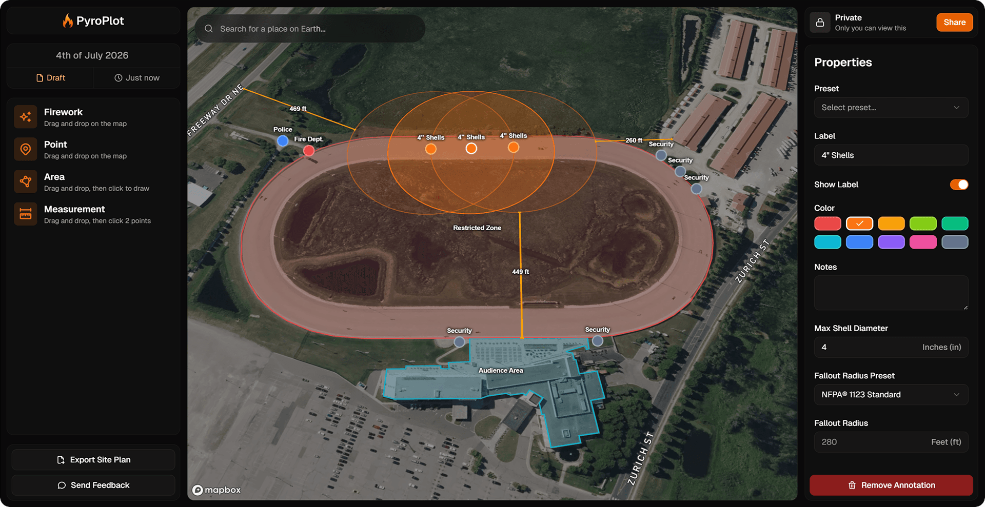 Firework display site planning interface